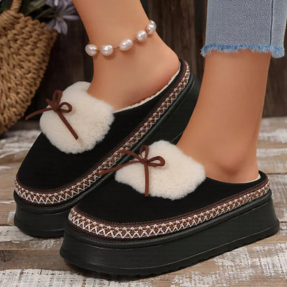 Black Casual Women's Thick Flat Suede Shearling Slippers